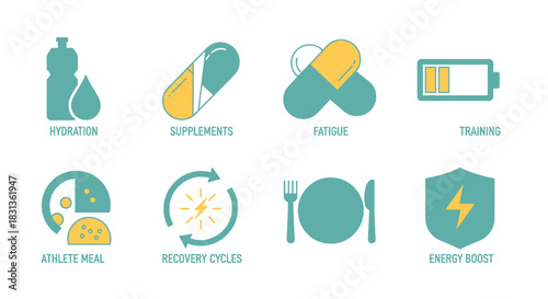 Health and wellness icons set for nutrition supplements and recovery.