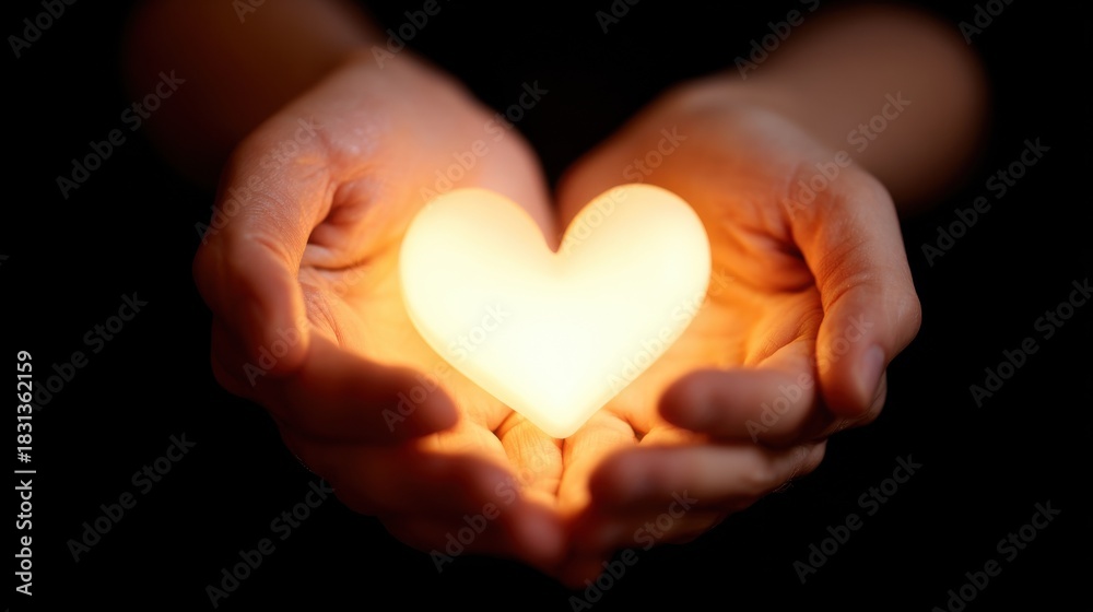 Obraz premium Hands holding glowing heart with warm golden light. Romantic love concept representing care and affection. Dark background highlighting the bright heart symbol. 