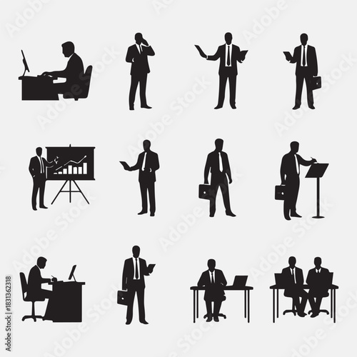 Silhouette business people icons in various activities and situations in office
