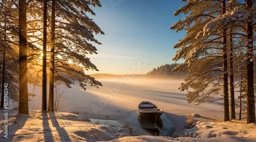 Snowy lake scene with a boat on the shore surrounded by pine trees at sunrise or sunset.