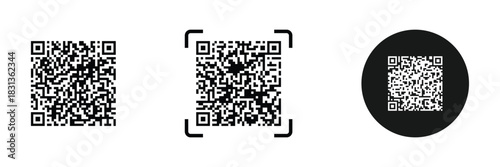 QR code icon. Fake template of quick response matrix barcode in square grid. Mobile phone camera readable digital label isolated on white background.