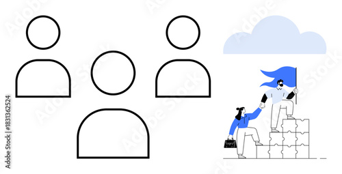 Three outlined figures on the left balance focus as two people on stacked pieces, one holding a flag. Ideal for teamwork, leadership, guidance, mentoring, success, collaboration, hierarchy simple