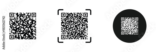QR code icon. Fake template of quick response matrix barcode in square grid. Mobile phone camera readable digital label isolated on white background.