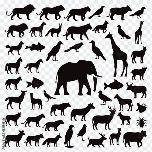 Diverse animal silhouettes creating a wildlife pattern in black vector format