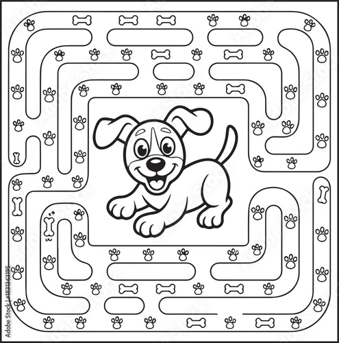 Cute dog in the maze pattern shape black vector outline illustration animal coloring page or book design for children