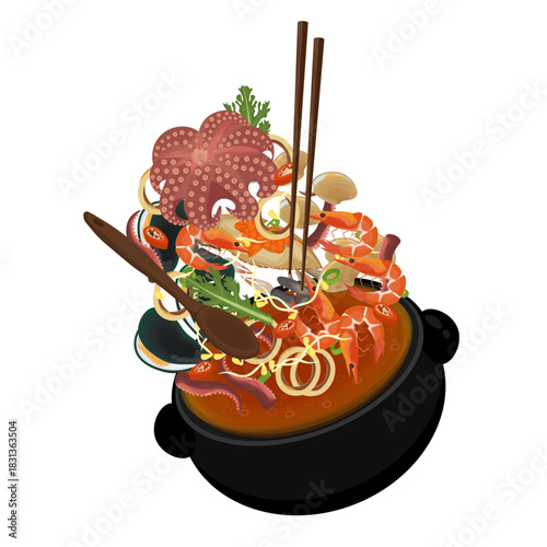 Vector Illustration logo Clip art Levitation Spicy Korean Seafood Soup Haemultang or Spicy Seafood Stew