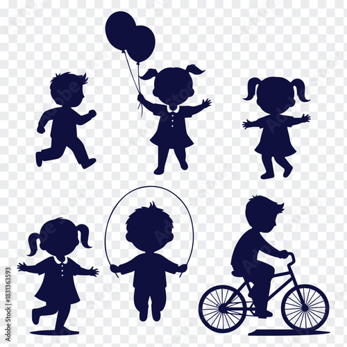 Children silhouettes playing happily boy running girl with balloons vector