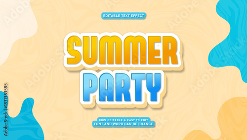 Summer Party Editable Text Effect Vector Template with 3D Pop-Up Style and Bright Yellow Blue Colors
