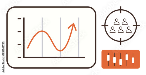 Line graph with upward trend, target audience icons in focus, and candlestick chart. Ideal for growth strategy, marketing, business metrics, performance analysis, financial data, forecasting success