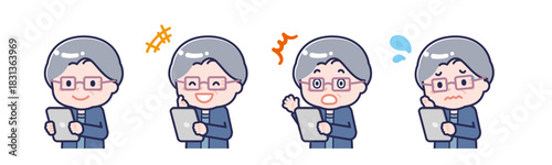 タブレットを使う「私服のシニア」の女性