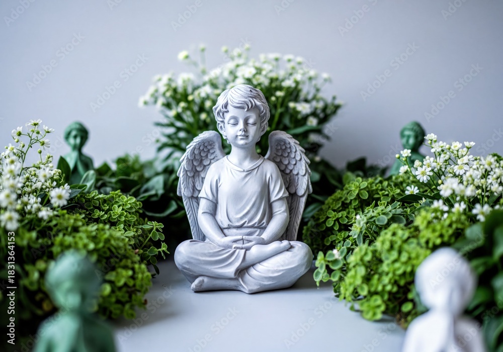 Obraz premium Peaceful Meditating Angel Statue Amidst Lush Green Foliage and Delicate White Blossoms