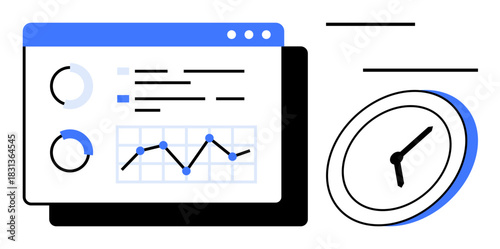 Analytics dashboard displaying pie charts, graphs, and data, paired with a clock. Ideal for time planning, productivity, analytics, data tracking, management performance optimization simple flat