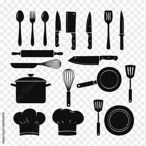 Collection of black silhouette kitchenware utensils for cooking and baking