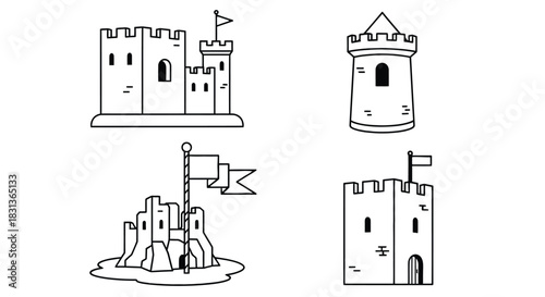 Cartoon castle illustration vector medieval fortress design set