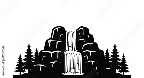 Vector illustration of waterfall landscape with trees and rocks