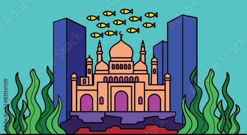 Underwater city mosque with fish vector illustration graphic