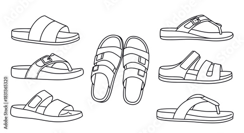 Collection of colorful sandals and flip flops for summer fashion