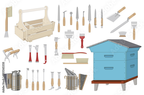 A collection of various beekeeping tools and equipment isolated on a white background, including hive, smoker, honey extractor, and protective gear for effective bee management.