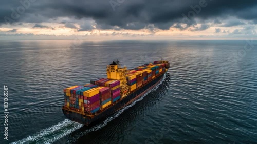Cargo ship traversing ocean under a cloudy sky; colorful containers on deck