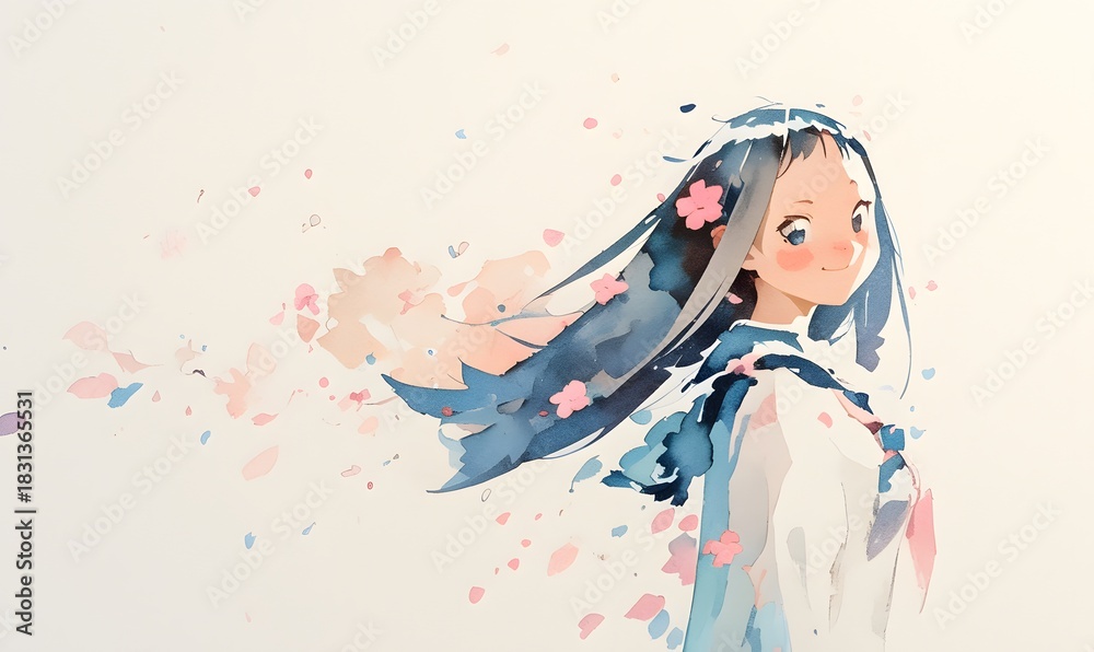 Obraz premium Lovely girl with cherry blossoms and long straight hair, watercolor illustration, spring theme, anime style