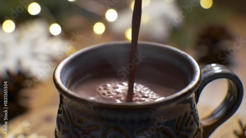 Cozy winter hot chocolate aesthetic video with creamy swirl, rising steam, and warm ambient lighting. Cinematic close-up, rustic setup, sharp details, perfect for seasonal lifestyle content