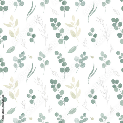 Delicate watercolor eucalyptus and small flowers seamless pattern in sage green cream for botanical wedding fabric textile design