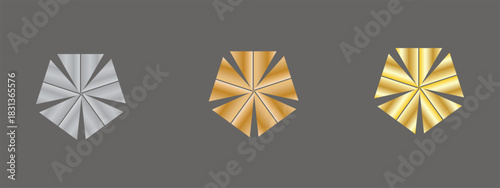 gold, bronze, and silver polygonal award shapes with eight-point symmetry on dark background, abstract metallic design elements for ranking, achievement, honor, decoration, and digital interface graph