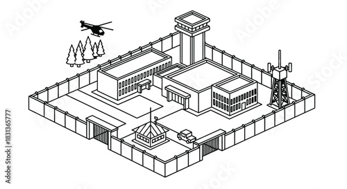 Cartoon illustration of a secure facility with watchtower and fence