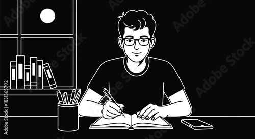 Man writing in notebook study room illustration stock vector