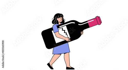 Illustration of woman carrying giant wine bottle vector graphic