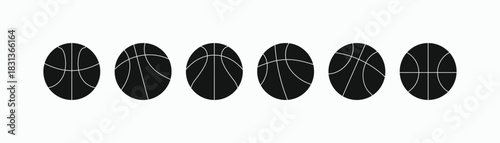 Collection of six flat black basketball icons with white line patterns, illustrating various modern and classic designs, isolated on white background