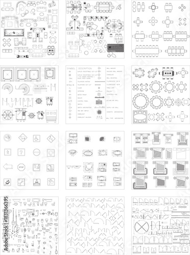 2D Drawing Outline Furniture Set for Residential and Office Interior Design and Architectural Drafting