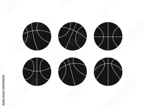 Set of six flat black and white basketball icons with various line patterns and silhouettes, isolated on white