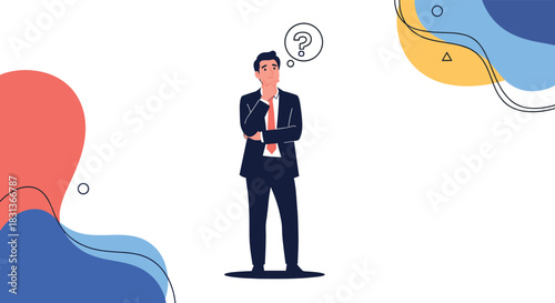 Thoughtful businessman pondering a question, hand on chin, with a question mark in a thought bubble over his head.