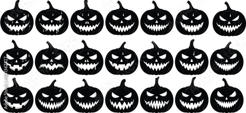 Scary Black Halloween Pumpkin Silhouettes Jack-o'-Lanterns Set, Spooky Nighttime Horror Symbols, Terrifying Evil Grin Faces, Isolated Background Seasonal Decorations.