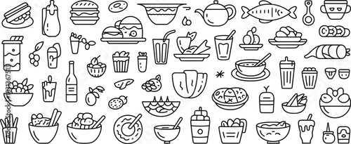 Doodle icons of food and beverages in a collage drink