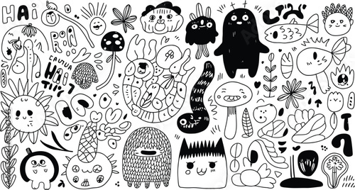 Energetic Doodle Monsters and Characters Black and White Illustration Keywords: doodle, monster