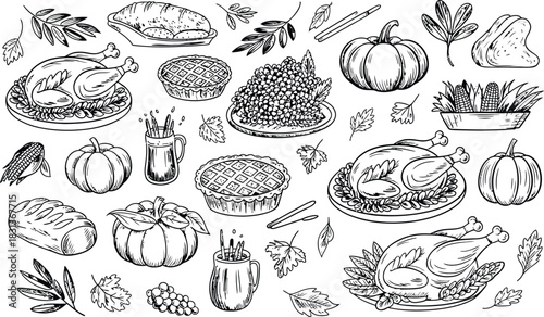 Hand Drawn Thanksgiving Feast Elements Collection Keywords: Thanksgiving, harvest, autumn, fall
