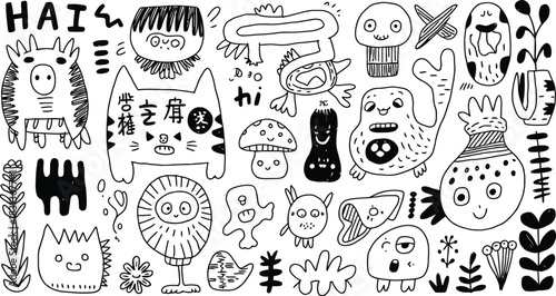 Playful Doodle Creatures and Characters Black and White Art Keywords: doodle, creature