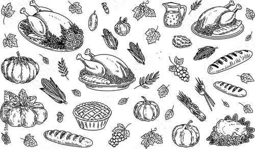 Thanksgiving Feast and Autumn Harvest Sketch Collection Keywords: thanksgiving, turkey, pumpkin