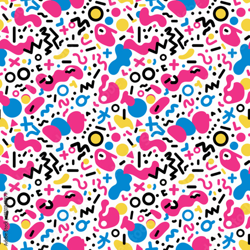 Vibrant memphis style abstract shapes seamless pattern in neon pink blue yellow for bold retro 1980s fabric textile design