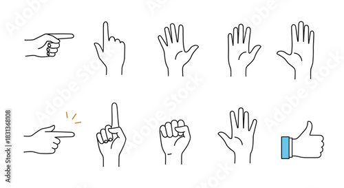 A collection of simple outline illustrations depicting various hand gestures, including pointing, raising a finger, open palm, fist, and thumbs up.