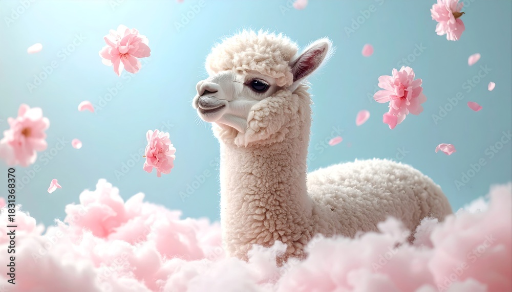Fototapeta premium Adorable fluffy white alpaca surrounded by pink clouds and falling cherry blossom flowers.