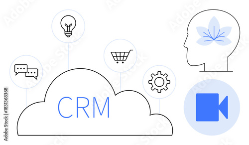 Cloud CRM with icons of communication, e-commerce, innovation, productivity, wellbeing, gear for management, video conferencing. Ideal for cloud computing, innovation collaboration workflow