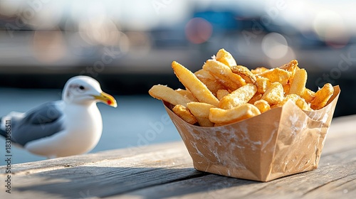 A seagull looks at a paper container of french fries on a wooden surface outdoors. The background is blurred, suggesting a sunny day.
