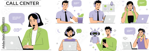 Call center agents with laptops and headsets, customer service support, online communication, chatbot assistance, business teamwork, digital help, remote office illustration