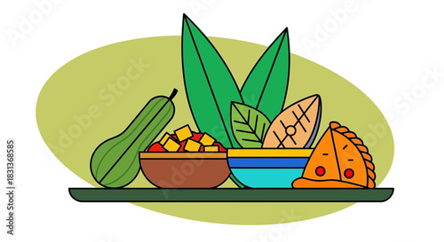 Healthy food illustration with vegetables and pizza slice art