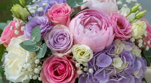 A vibrant and colorful floral bouquet featuring roses, peonies, and other blossoms, arranged beautifully.