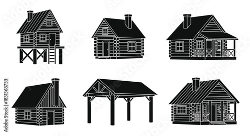 Log cabin house vector illustration collection black and white