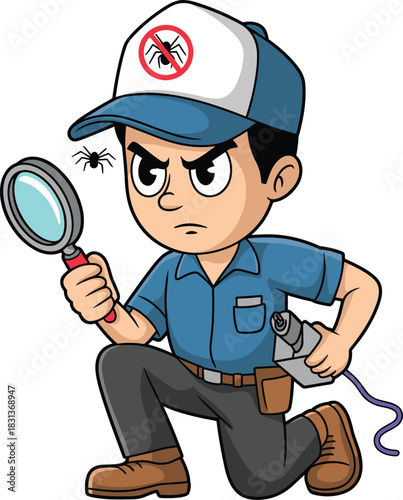 Cartoon pest control worker with magnifying glass and spray equipment, exterminator searching for insects, pest inspection and extermination concept illustration